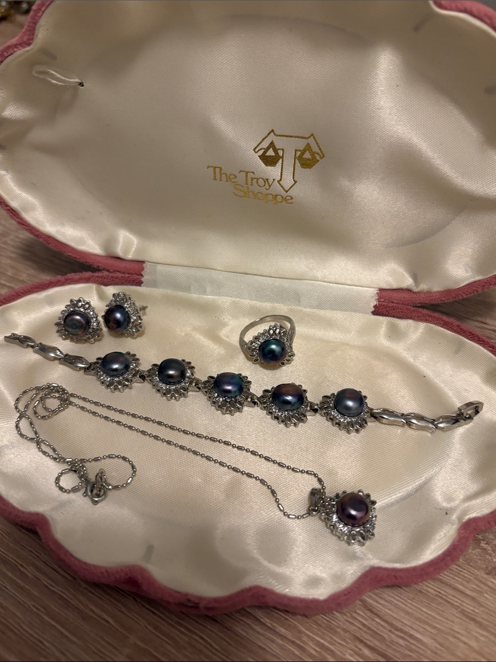 Vintage Black freshwater pearl bracelet, necklace, earrings, and ring